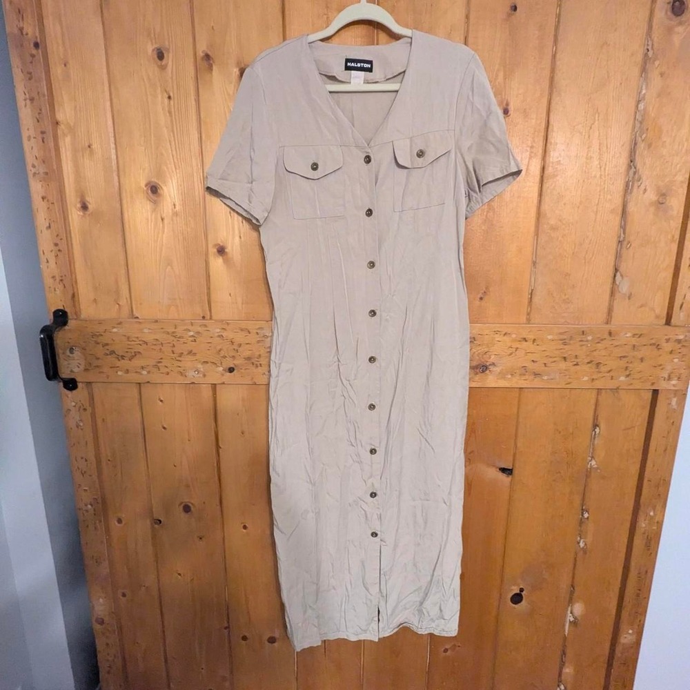 Vintage Halston Beige Button Front Dress Minimalist 90s Quiet Luxury Safari Chic